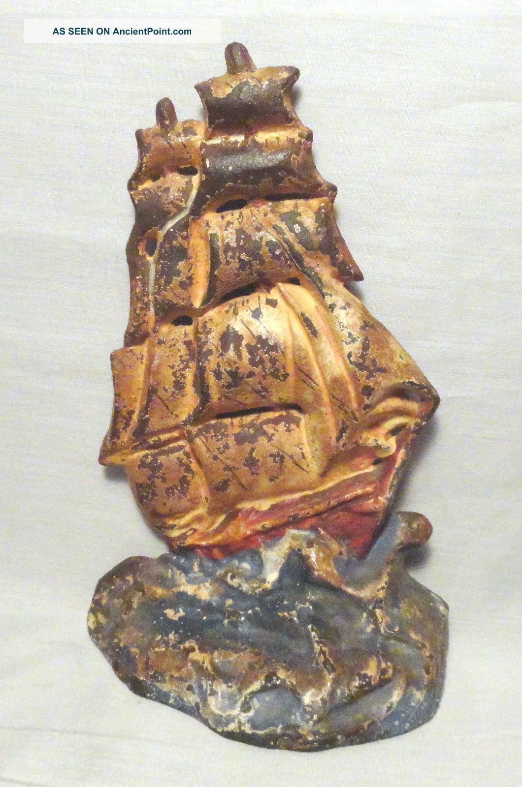 Old Antique Albany Foundry Cast Iron Doorstop Ship On Water 108 Metalware photo