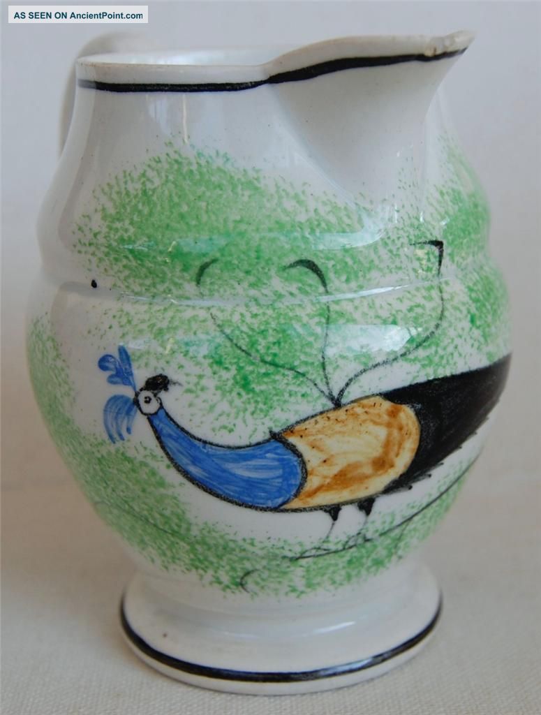 Antique Sponge Spatter Stick Ware Leeds Peafowl Peacock Creamer Pitcher Creamers & Sugar Bowls photo