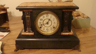 Antique Seth Thomas Adamantine Mantel Clock - Faces & Lions Marbleized Runs photo