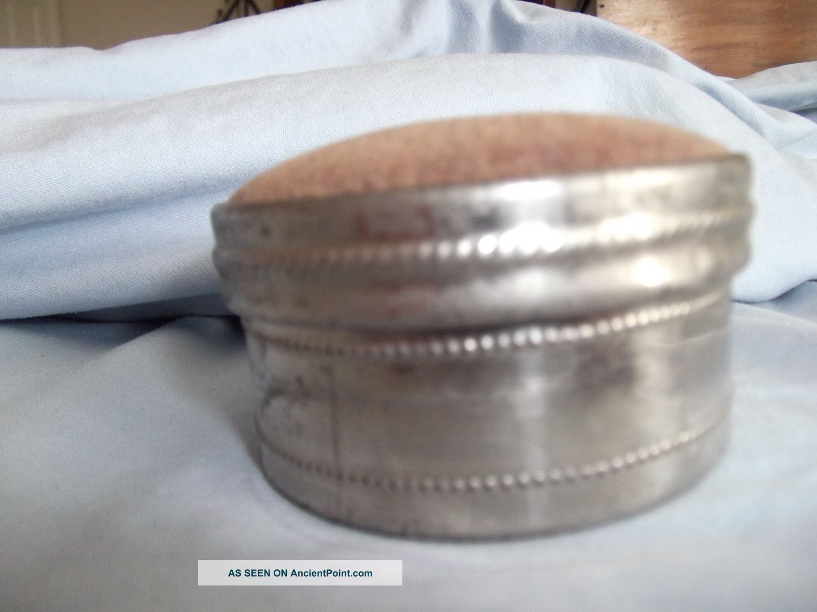 Small Antique Round Tin Pin Box With Pincushion On Top Metalware photo