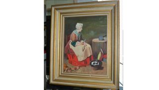 Colonial Lady Fixing Food 8 X 10 Canvas Oil Painting In Wooden Frame photo