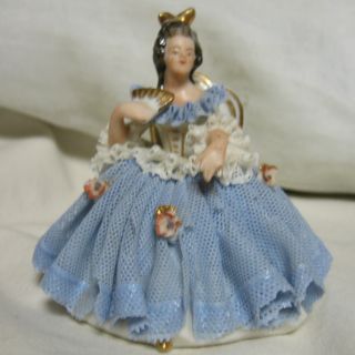 German Dresden Porcelain Lace Seated Lady Figurine With Fan Miniature photo