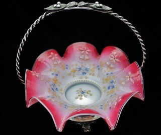 Victorian Pink Cased Glass & Quadruple Silver Plate Brides Basket Bowl photo