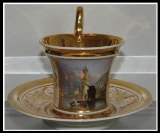 Antique Gold Encrusted Kpm Porcelain Scenic Cup & Saucer Andernach Rhein Nr photo