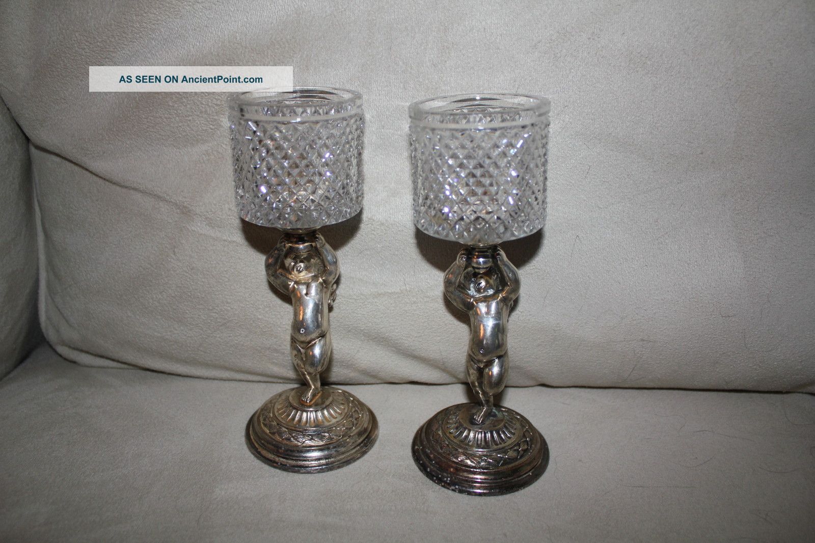 Pairpoint Signed Cherubs Holding Glass Cups Each 7 1/4 