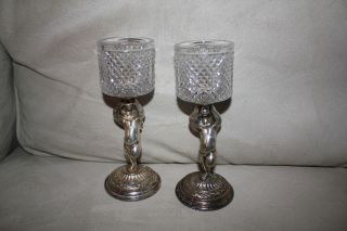 Pairpoint Signed Cherubs Holding Glass Cups Each 7 1/4 