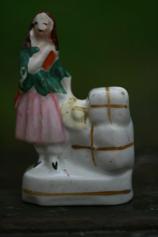 Interesting Mid 19th C.  Staffordshire Miniature Figurine With Hat & Luggage photo