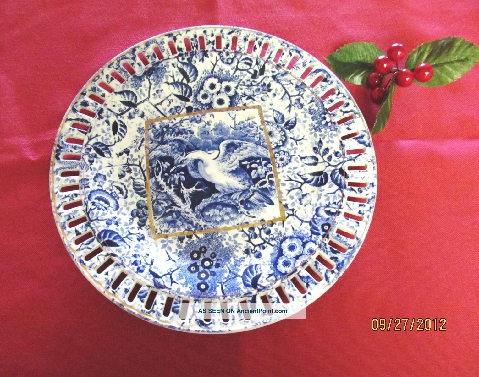 Stunning Antique Reticulated Plate Cobalt Blue W/ Gilt Warrior Bird Plates & Chargers photo
