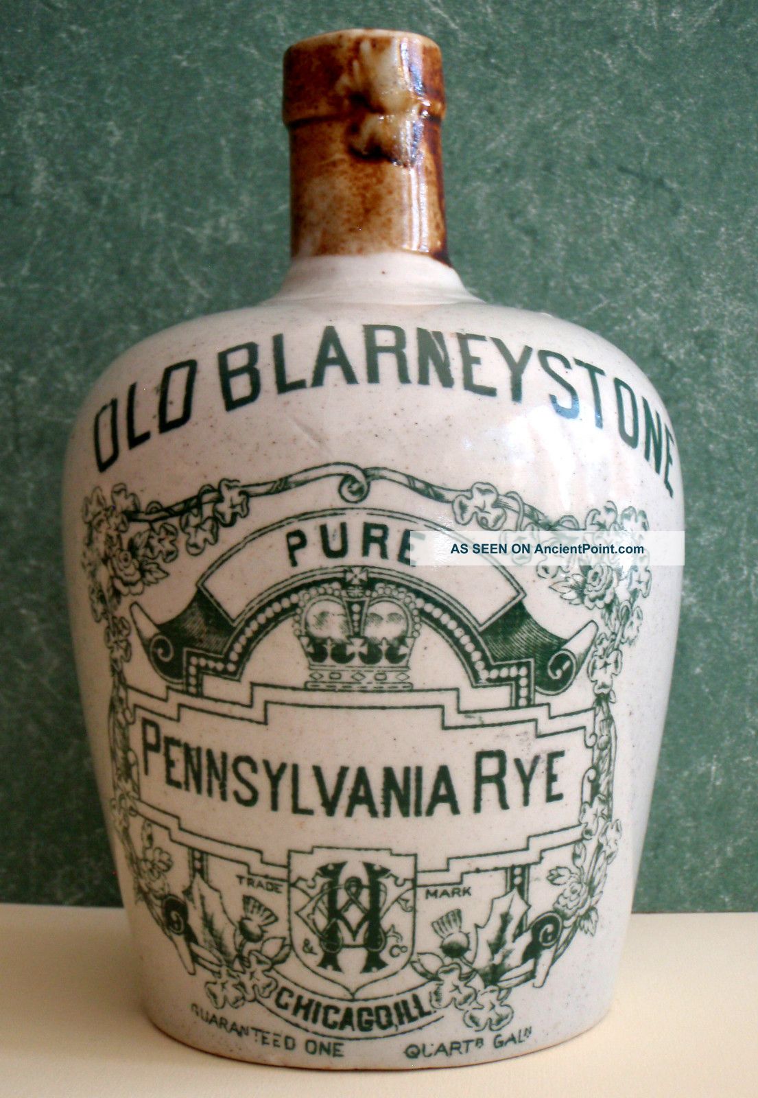 Rare Stoneware 1 Quart Jug,  Old Blarney Stone,  Pennsylvania Rye Whiskey,  Chicago Jugs photo