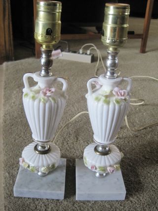 Rare Vintage Made In Japan 1950 ' S Porcelain Marble Floral Set Of Lamps photo