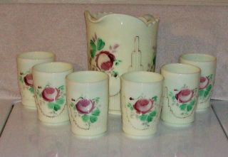 Early Rose Decorated Eapg Custard Glass Pitcher Six Tumbler Cup Water Set Glows photo