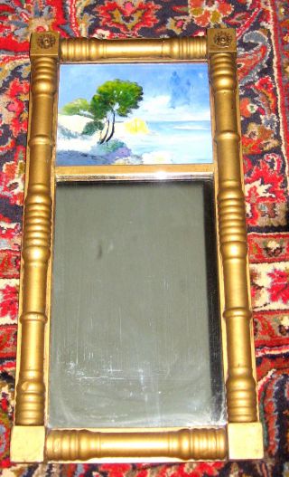 1800s Antique Empire Architectural Mirror Trumeau Reverse Painted Seascape - photo