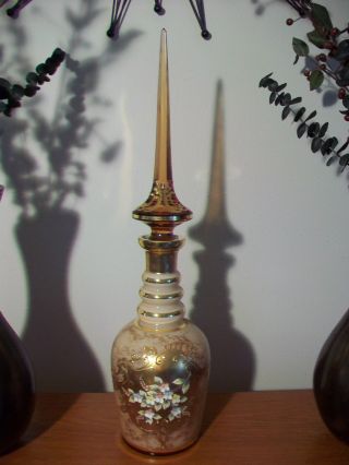 Antique 19thc Victorian Amber Glass Enamel & 24kt Overlay Decanter Signed photo