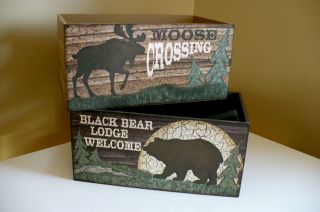 New 2 Wooden Crates Moose Bear Country Decor Cottage Wood Box photo