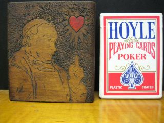Rare Pyrography Wd.  Playing Card Case - Bk Shape Priest/monk Sacred Red Heart photo