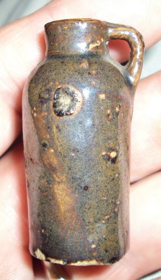 Rare New England Antique Miniature Stoneware Pottery Handled Jug photo