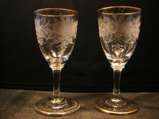 Pair 20th C Engraved And Gilt Cordial Glasses photo