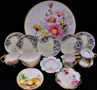 V.  Large Estate Collection Artist Hand Painted Porcelain China Dishes photo