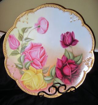 Antique Akd France Limoges Charger~beautiful Old Fashioned Roses~beaded Trim photo