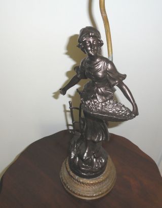 Vintage Decorative Metal Spelter Figural Girl With Basket Table Lamp Needs Work photo