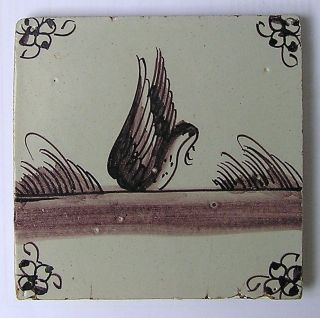 Tile,  Tegel,  Carreau,  Delft,  Antique 18th Century ± 1770,  Manganese,  Diving Duck photo