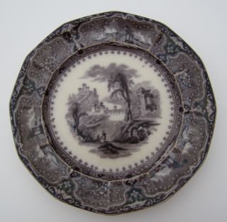 Antique 1850s John Alcock Vincennes Flow Black Mulberry Transferware Plate 9 