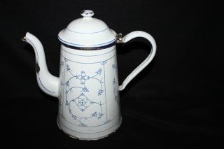 Antique Big White With Blue Line And Figures Enamel Tea Pot 1910 ' S photo