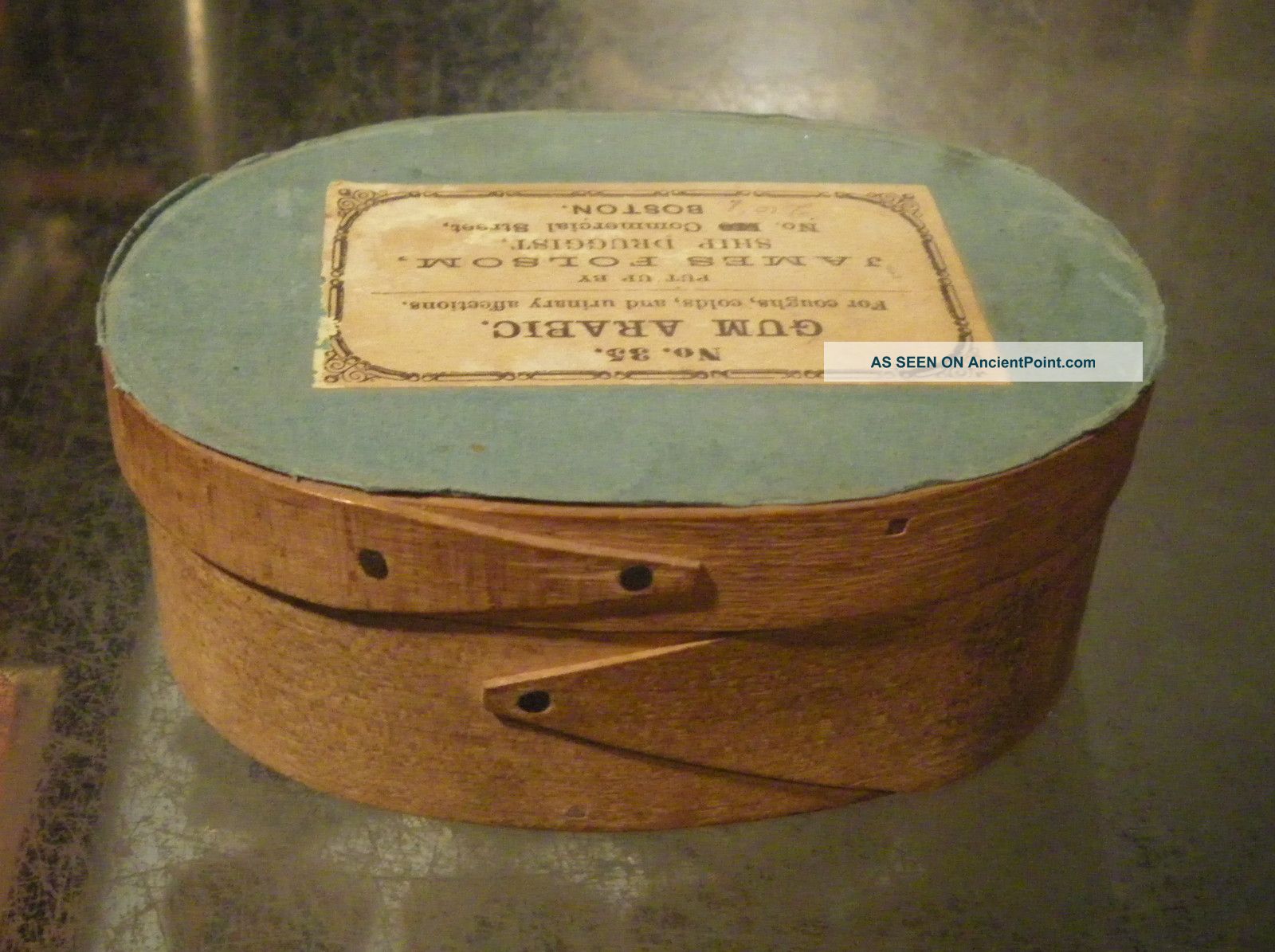 Early Gum Arabic Oval Box James Folsom Ship Druggist 269 Commercial St Boston Boxes photo