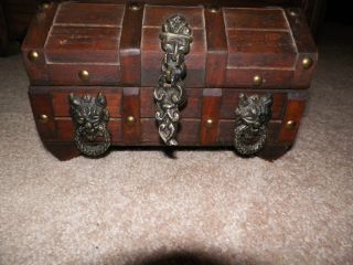 Vintage Wood Wooden Pirate Gothic Treasure Box Chest Jewelry Lion Head photo