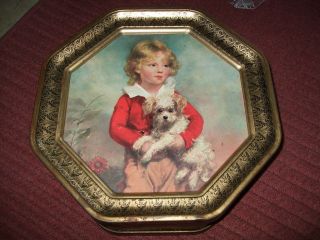 Large Biscuit / Candy Tin With Portraits Of Girl Holding Dog & Girl With Bonnet photo