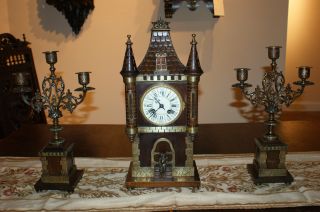 Antique Castle Clock With Candle Holders.  France - 1880 photo