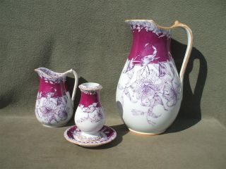 4 Pc.  Antique Aesthetics Movement Pottery Set 2 Pitchers Vase Roseum Pattern photo