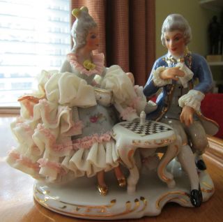 Antique Dresden Lace Figural Of Lady & Gent Playing Chess;6.  25 