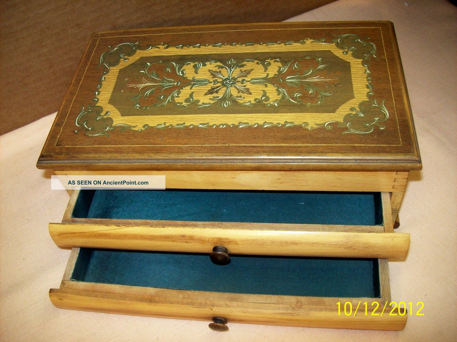 Antique~jewelry Box W/inlaid Wood,  Finger Joints,  & Cloth Lined,  2 Drawers~xlent Boxes photo