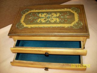 Antique~jewelry Box W/inlaid Wood,  Finger Joints,  & Cloth Lined,  2 Drawers~xlent photo