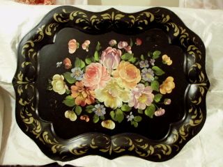 Tole Ware Tray Handpainted Chippendale Style Floral photo