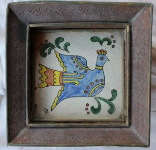 Vintage Hand Painted Glazed Ceramic Folk Art Tile Bird Plaque Signed photo