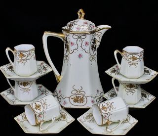 Fine Hand Painted & Gold Gilt 13pc Nippon Porcelain Cocoa Hot Chocolate Service photo