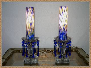 Vintage Pair (2) Crystal & Murano Cobalt Blue Mouth Blown Art Glass Table Lamp photo