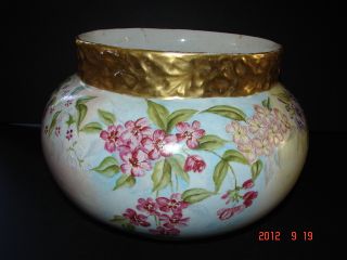 Antique Jardiniere Fish Bowl Planter - Crown Ofm Porcelain 24k Gold Trim Euc photo