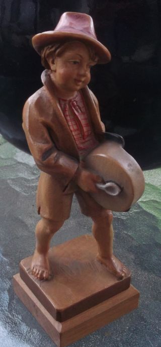 Amazing Antique Carved Composition Figure Of Boy Drumming Pan ~ Extreme Detail photo