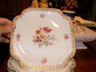 4 Vintage Squarish Plates Bayreuth? Roses /gold photo