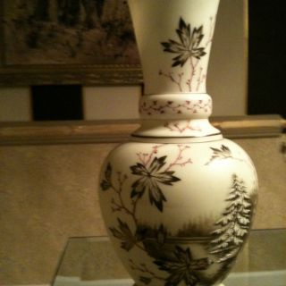 Hand Painted Opaque Glass Vase - Winter Scene Evergreen Textured,  Vtg photo