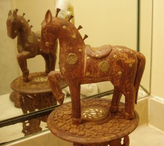 Antique Wood,  Brass And Copper Trojan Style Horse Figurine Statue photo