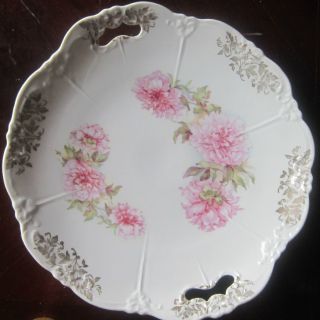 Antique Porcelain Plate,  Peonies With Gold Leaf Scalloped Edges photo