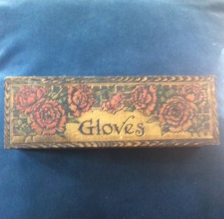Vintage Antique Pyrography Wood Glove Box Victorian Art Nouveau Roses Flemish? photo