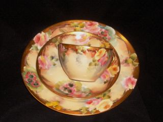Elegant Hand Painted Limoges Cup & Saucer & Plate Set (1) photo