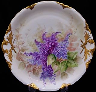 Gorgeous Very Large Artist Hand Painted Lilacs & Gold Gilt Porcelain Cake Plate photo