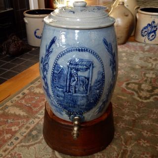 Antique Stoneware: 4gal.  Water Cooler,  Robinson Clay,  Ca.  1910,  Mint W/ Oak Base photo