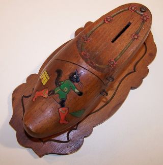 Wonderful Antique Folk Art Wooden Puss In Boots Shoe Bank ~excellent~ photo